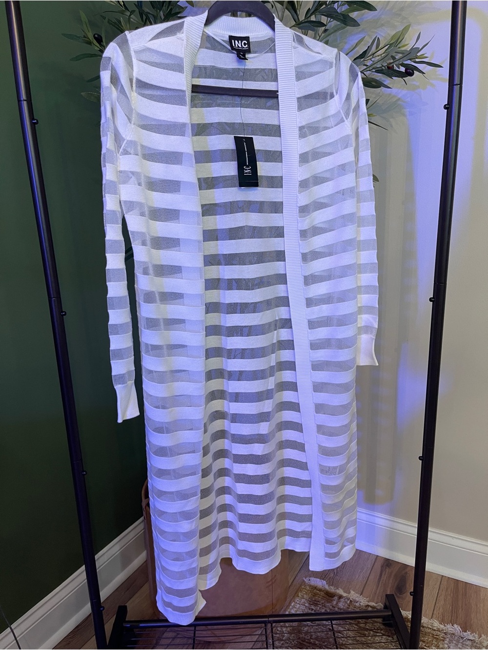 INC International Concepts White Sheer Striped Long Cardigan